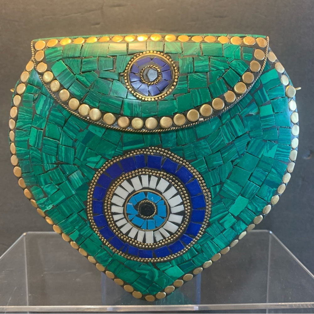 RAMLA HANDMADE Gorgeous Green Mosaic Clutch with Blue, Gold & White Accents NWOT